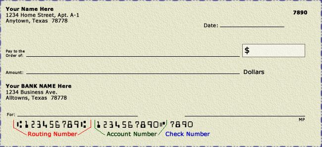 Example of a check and where to find the routing number, account number, and check number.